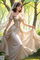 A woman in a wedding dress standing in the woods.