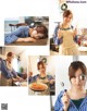 A woman in a kitchen holding a spatula and a pan.