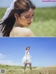 A woman in a white dress standing in a field.